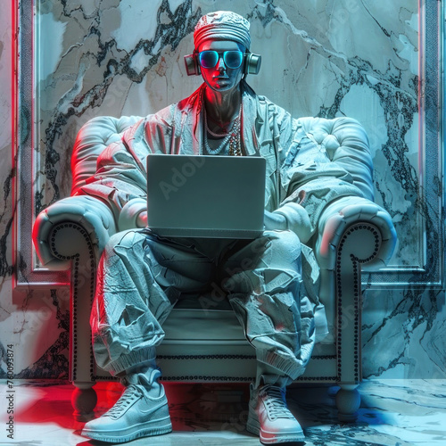 A figure oozes cool in shades and streetwear, dominating a classic sofa with a laptop photo