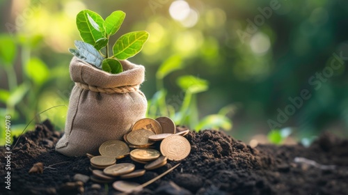 Growing tree with coin money bag on green background, investment and business concept photo