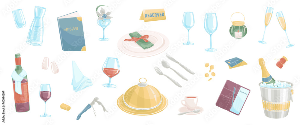 set elements about restaurant service, menu, plate, wine glasses, credit card, cutlery set elements about restaurant service, menu, plate, wine glasses, credit card, cutlery
