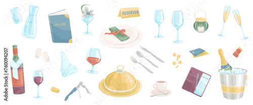 set elements about restaurant service, menu, plate, wine glasses, credit card, cutlery