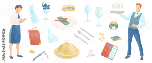 Waiter or Steward male and female characters, set elements about restaurant service, menu, plate, wine glasses, credit card, cutlery