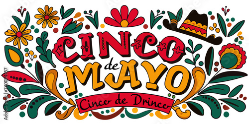 Mexican background festive backdrop for festival Cinco de mayo. Mexico poster. Colorful hand-drawn illustration lettering with festive motifs