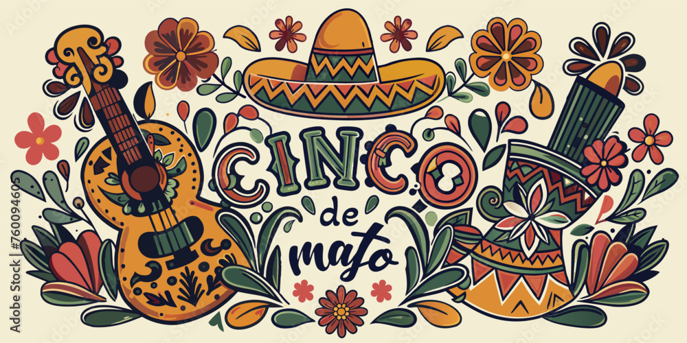 Mexican background festive backdrop for festival Cinco de mayo. Mexico poster. Colorful hand-drawn illustration lettering with festive motifs