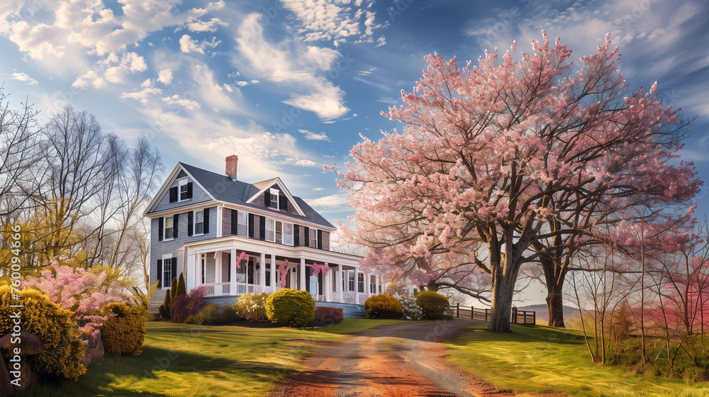 Traditional American house with Springtime garden and blooming pink sakura.
