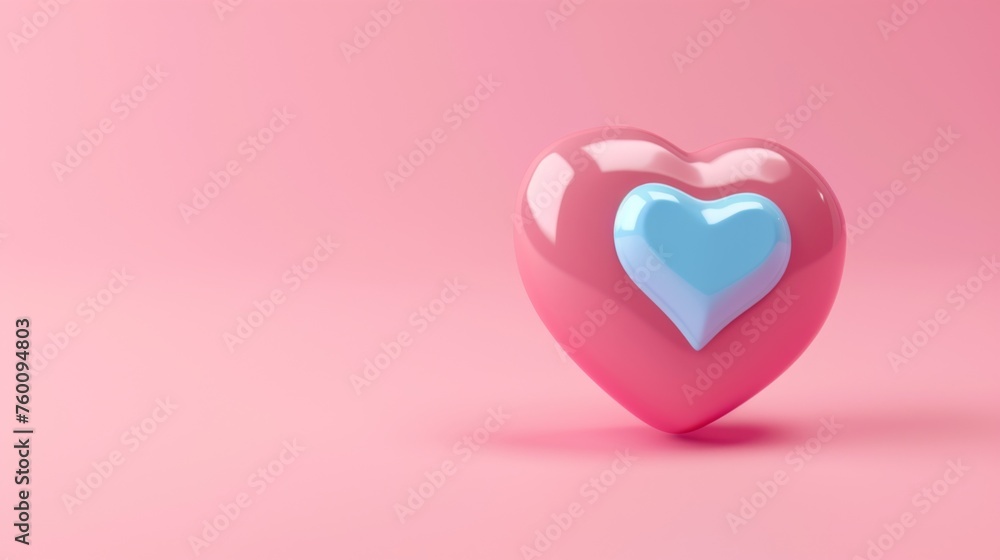 A soft pink heart nested within a blue heart, rendered in 3D, represents love, care, and harmony