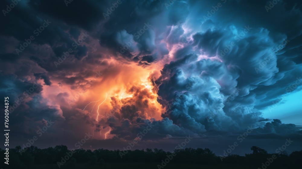 The image captures a powerful thunderstorm as vivid lightning illuminates dark, tumultuous clouds over a serene landscape