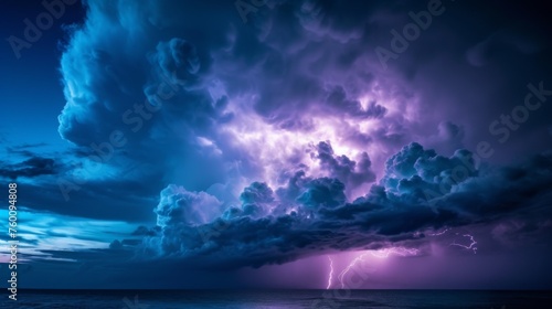 A majestic ocean storm brews as a single lightning bolt strikes over open water, showcasing nature's raw beauty and power against a violet evening sky