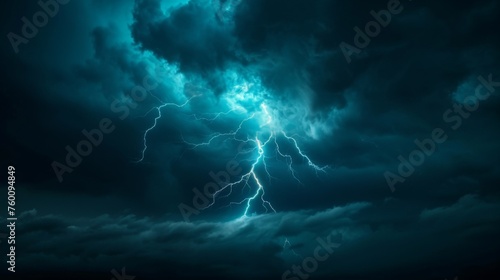 A single intense lightning bolt splits the night sky amidst dark clouds © Gia