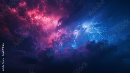 A serene yet dynamic scene of a thunderous pink lightning bolt against a moody sky
