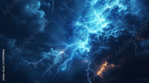 Majestic lightning bolts dance across a starry night sky with a hint of fiery glow