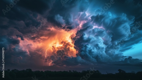 The image captures a powerful thunderstorm as vivid lightning illuminates dark  tumultuous clouds over a serene landscape