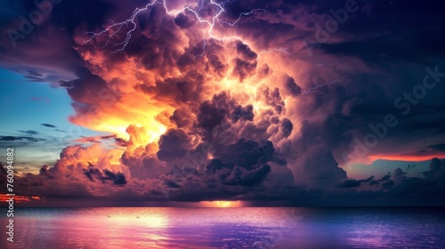 A breathtaking image of a lightning storm with radiant sunset colors reflecting over calm ocean waters