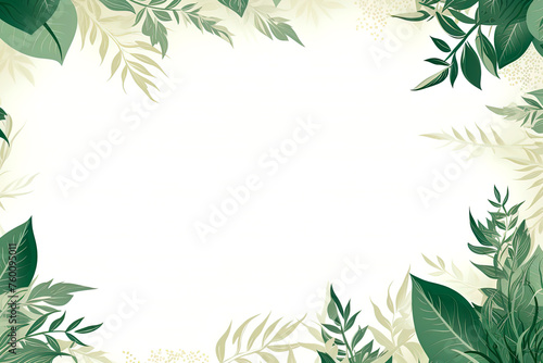 Frame of green leaves around white background  copy space