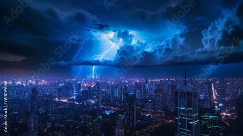 Electrifying moment captured over illuminated city skyline, showcasing nature's power amidst urbanization © Gia