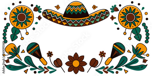Mexican background festive backdrop for festival Cinco de mayo. Mexico poster. Vibrant, traditional mexican folk art frame with floral and geometric motifs