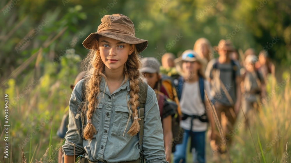 A girl leading an outdoor expedition, dressed as a ranger, with a group of boys and girls following her, learning about nature and survival skills