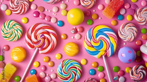 Vibrant Lollipops and Candy on Pink Background