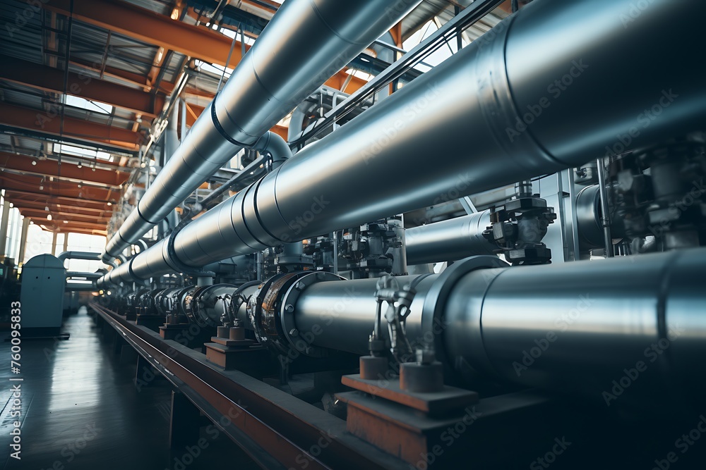 Industrial zone, Steel pipelines and cables in blue tones at a power plant Industrial zone, Steel pipelines and cables in blue tones at a power plant