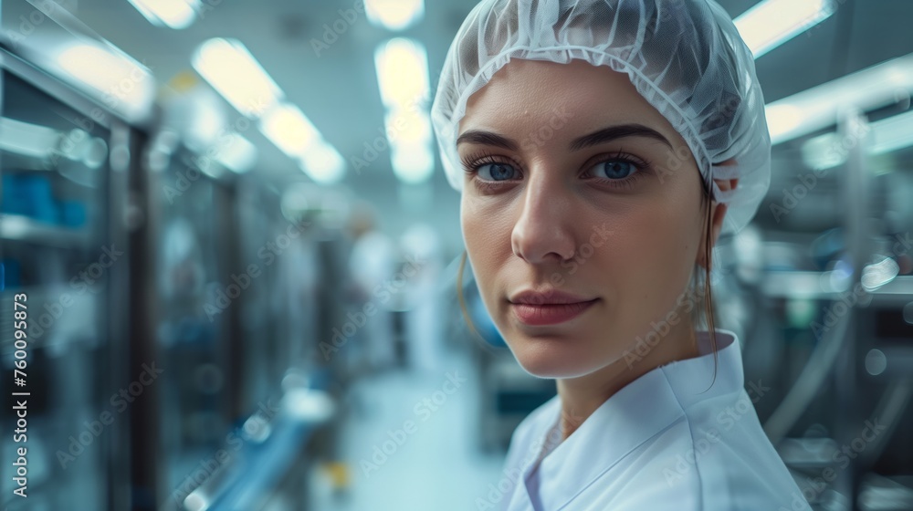 Quality Manager Examining Lab Coat and Hat Quality Manager Examining Lab Coat and Hat