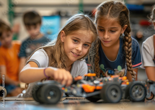 A girl leading a group of children in constructing a DIY go-kart, giving instructions and coordinating efforts