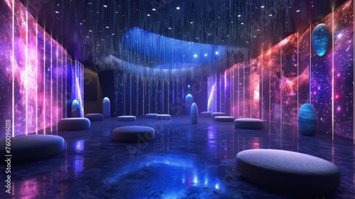An immersive futuristic exhibition space with cosmic theme and interactive elements, designed to provide a sensory experience of outer space
