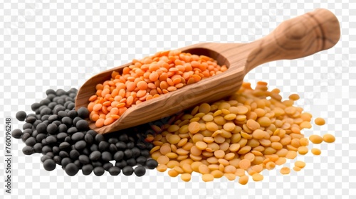 Wooden scoop overflows with orange lentils against a backdrop of mixed legumes on a white background photo