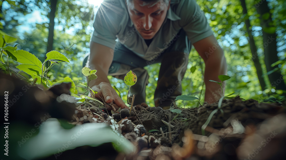 A man carefully digging for truffles in a forest. - obrazy, fototapety, plakaty 