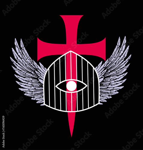 T-shirt design of a cage with wings next to a large medieval cross on a black background.