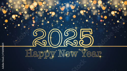 card or banner to wish a happy new year 2025 in gold on a blue background with circles and gold-colored glitter in bokeh effect