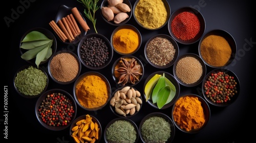 A wide selection of spices in various bowls showing the vibrant textures and colors against a sleek black background