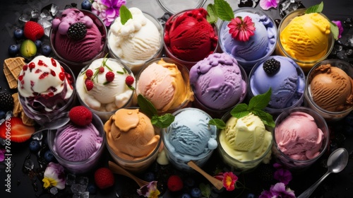 Scoops of ice cream in a variety of flavors garnished with berries, flowers, and sweets on a dark reflective background