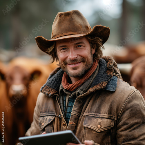 Farmer with tablet and cow on pasture
