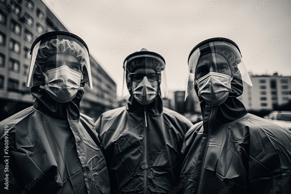 Three People in Protective Gear and Masks Three People in Protective Gear and Masks