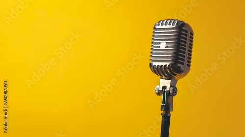 Vintage microphone on a yellow background. Music, entertainment, and podcasting concept with copy space
