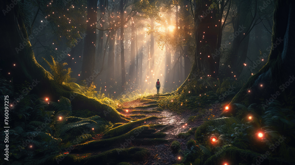 Person walking in a dark enchanted forest, among ancient trees with strong mossy roots. Path leading towards the light. Magical wonderland, landscape with glowing lights and sparkles. - obrazy, fototapety, plakaty 