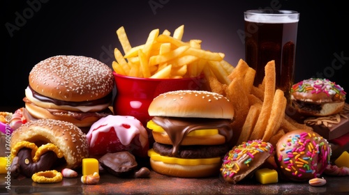 A feast for the eyes, this image showcases a colorful variety of indulgent fast food items with sweet doughnuts, savory burgers, and fizzy soda