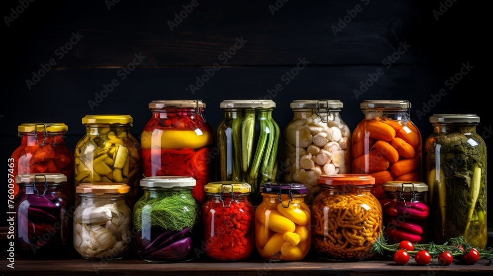An enticing collection of colorful pickled vegetables in glass jars, each filled with a different assortment An enticing collection of colorful pickled vegetables in glass jars, each filled with a different assortment