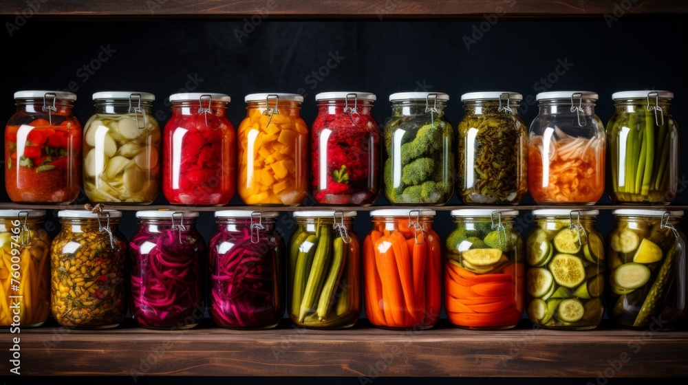 A variety of vividly colored preserved vegetables and fruits are neatly organized on a shelf against a dark backdrop A variety of vividly colored preserved vegetables and fruits are neatly organized on a shelf against a dark backdrop