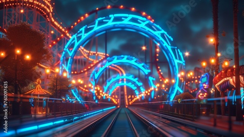 Night View of Roller Coaster at Theme Park