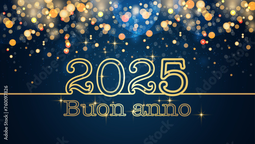biglietto o striscione per augurare un felice anno nuovo 2025 in oro su sfondo blu con cerchi e glitter color oro con effetto bokeh photo
