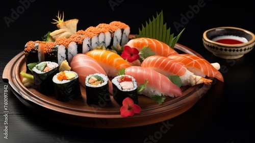 Gourmet sushi selection arranged on a circular plate, adorned with edible flowers, against a black backdrop
