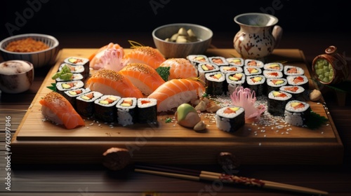 A luxurious arrangement of sushi nigiri and rolls with a selection of sides on a wooden board with rustic accessories