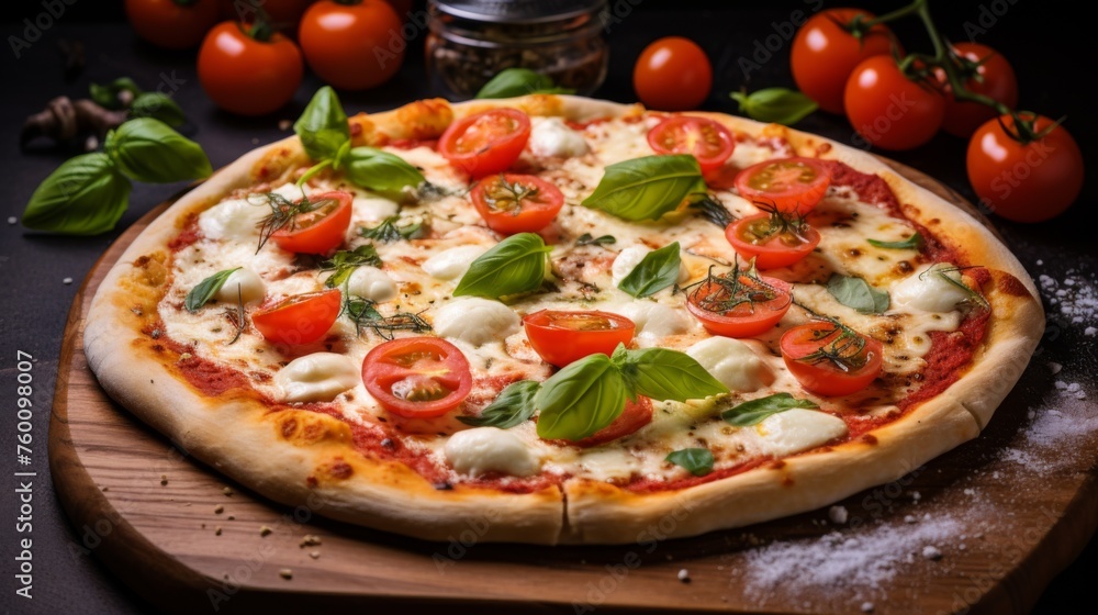 A delectable Margherita pizza adorned with fresh basil, cherry tomatoes, and mozzarella sits atop a rustic wooden board