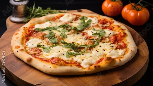 Delicious homemade margherita pizza topped with fresh mozzarella cheese and basil leaves on a wooden kitchen board