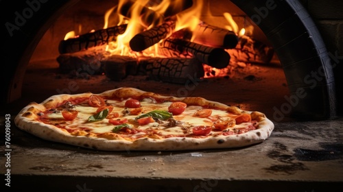 Freshly baked Margherita pizza with a smokey flavor straight from the wood-fired oven in a cozy backdrop