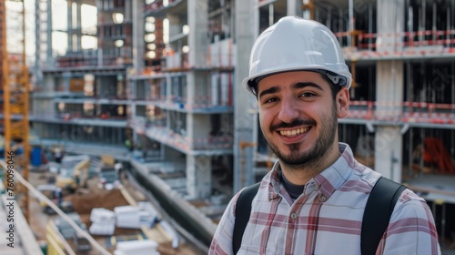 Smiling male engineer with white helmet at construction site. Professional portrait with industrial background.