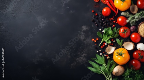 A creatively arranged border of an assortment of vegetables and spices on a dark, elegant background ready for cooking