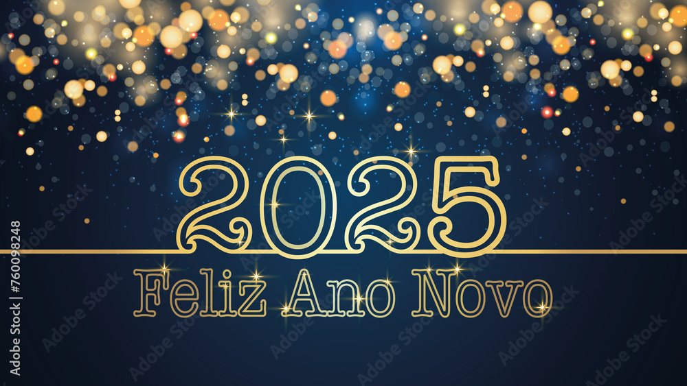 cartão ou banner para desejar um feliz ano novo 2025 em ouro sobre fundo azul com círculos e glitter dourado em efeito bokeh