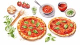Vibrant watercolor art of pizzas with various toppings, evoking the joy of sharing a meal