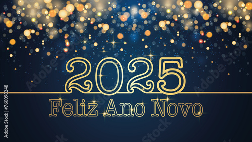 cartão ou banner para desejar um feliz ano novo 2025 em ouro sobre fundo azul com círculos e glitter dourado em efeito bokeh
